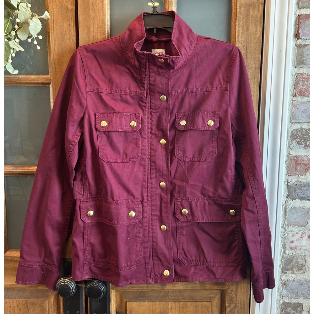 J.Crew Field Jacket Women Small Burgundy Utility Cotton Zip Snap Front Coat